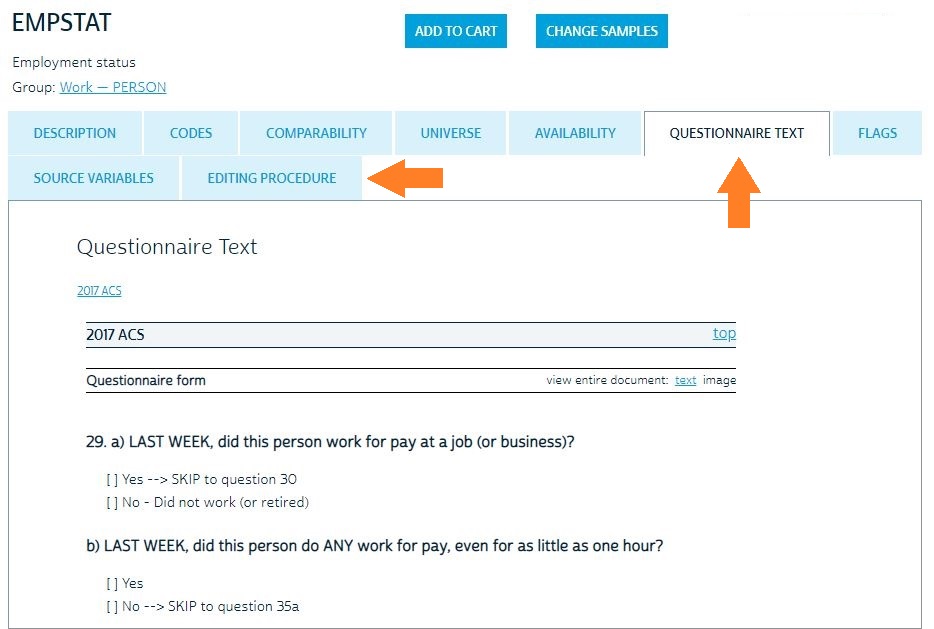 Screenshot of EMPSTAT variable in IPUMS USA