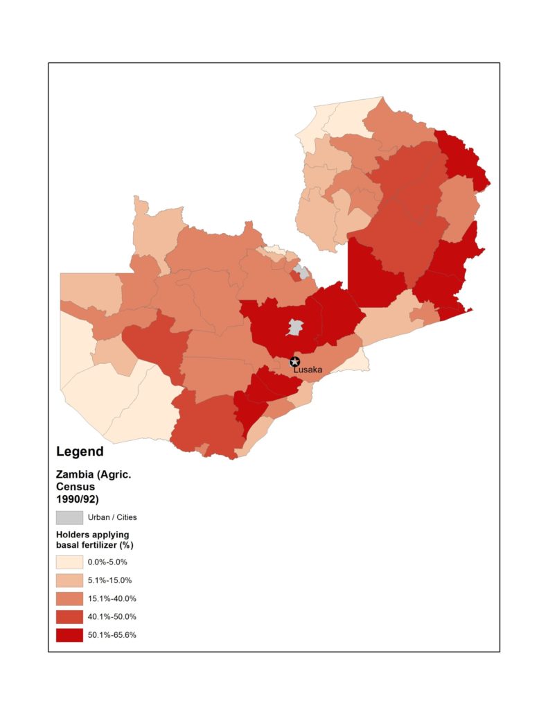 Map of Zambia with holders applying basal fertilizer percentages