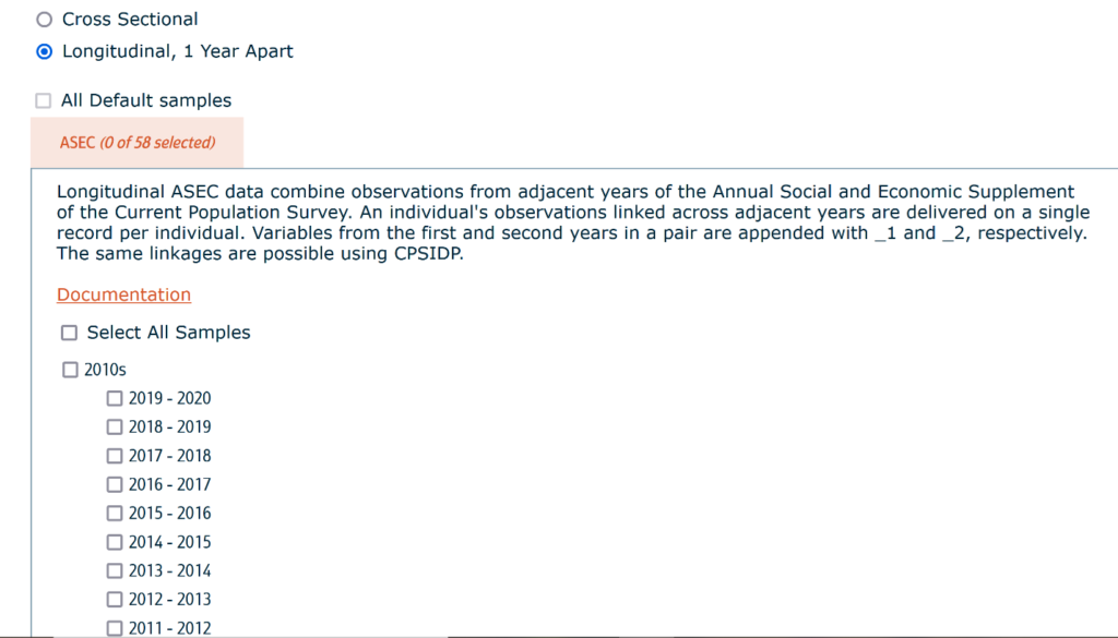 Screenshot of the IPUMS CPS sample selection page with "Longitudinal, 1 Year Apart" Selected