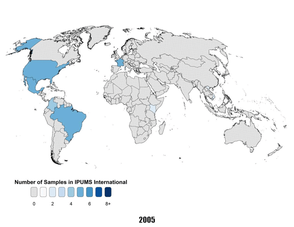 Map showing the countries that IPUMS International has samples for and how many samples each country has.