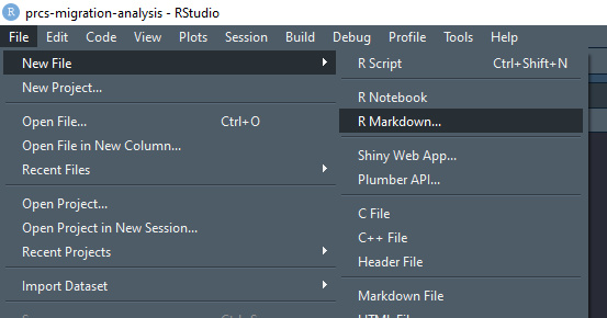 Screenshot of File menu in RStudio, with New File and R Markdown selected.