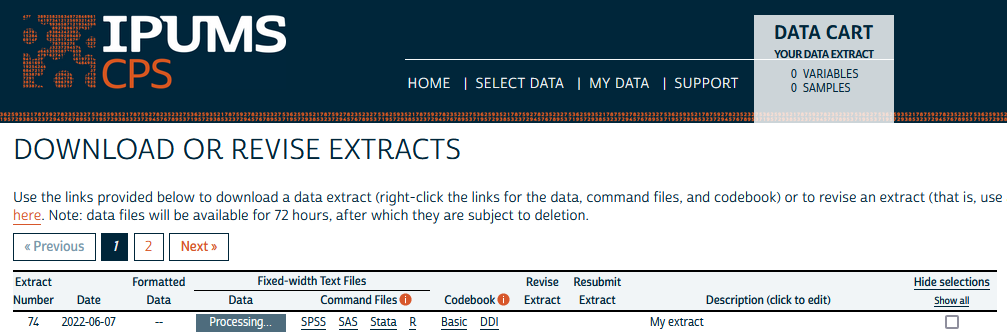 Screenshot of the Download or Revise Extracts page on the IPUMS CPS website, showing the line for extract number 74, with Data status "Processing"