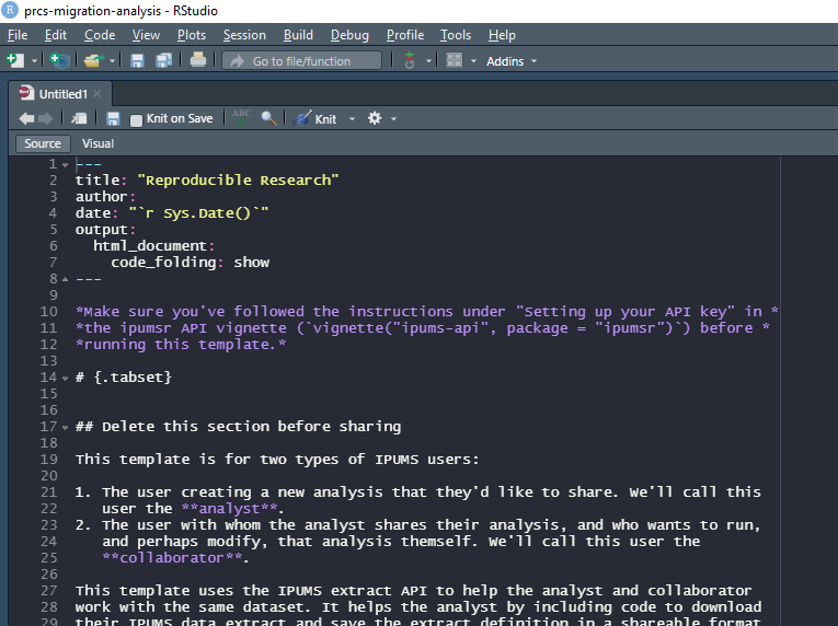 Screenshot of the RRR R Markdown template file opened in the RStudio editor.