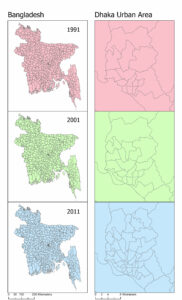 Map series showing third administrative boundaries in Bangladesh, called Upazilas, in the 1991, 2001, and 2011 censuses for the entire country and the Dhaka urban area