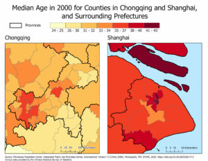 Map showing median age by counties in Chongqing and Shanghai cities as well as their surrounding prefectures
