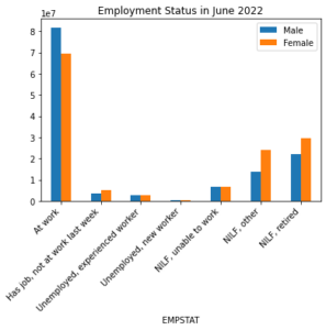 Bar graph with vertical bars in orange and blue to separate sexes with male and female labeled and employment status labeled on x axis