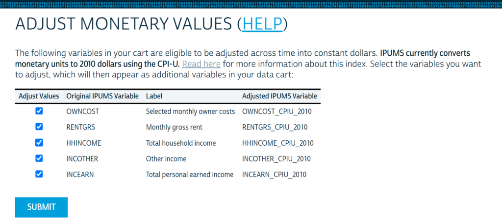 Adjust Monetary Values list of variables