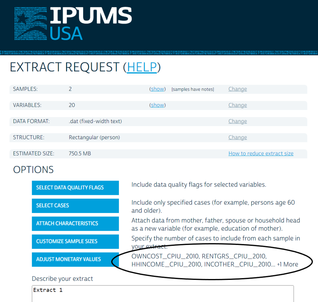 Screenshot of the Extract Request screen with the Adjust Monetary Values listed and circled