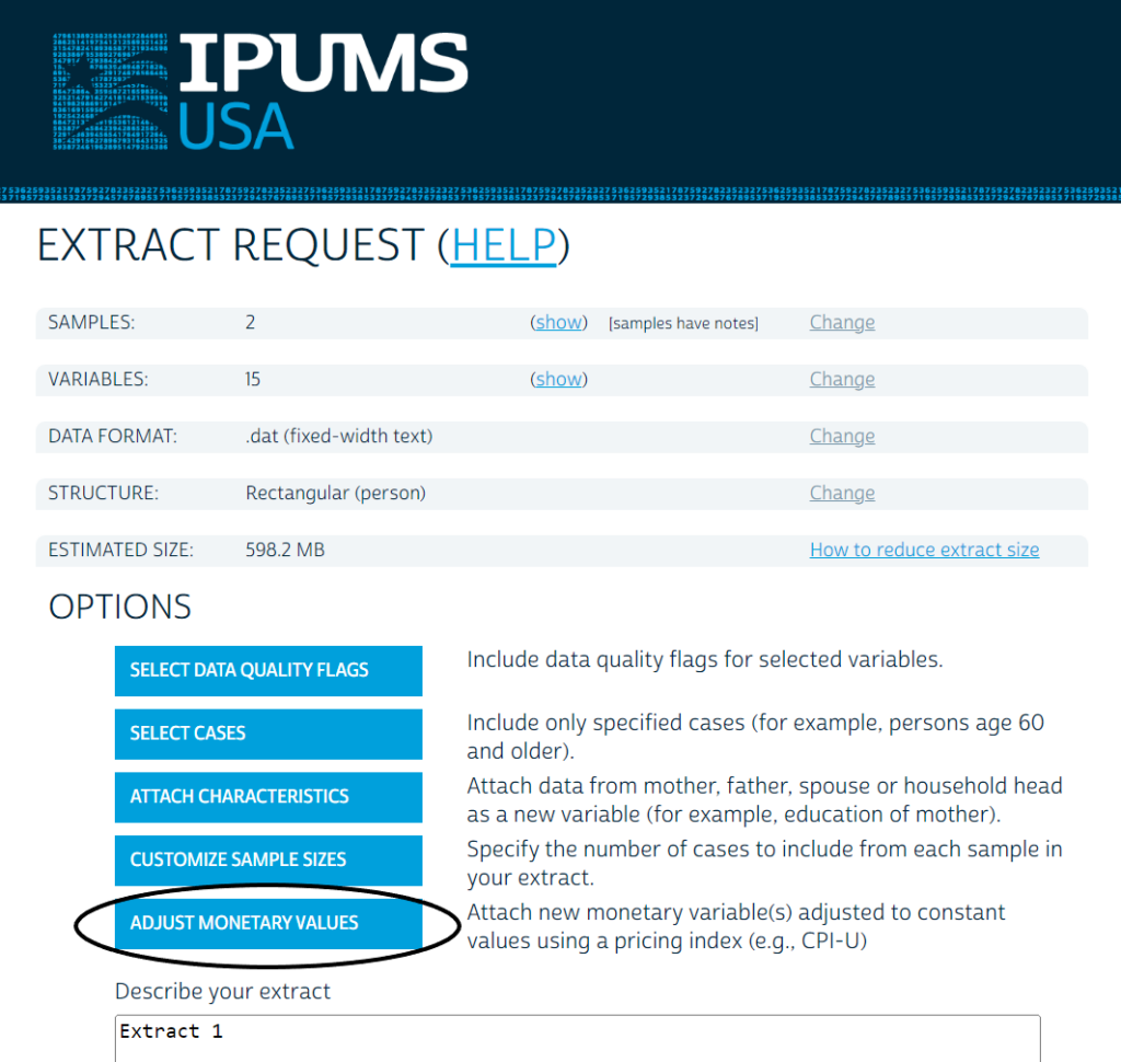 Screenshot of the extract request screen with the "Adjust Monetary Values" button circled under options
