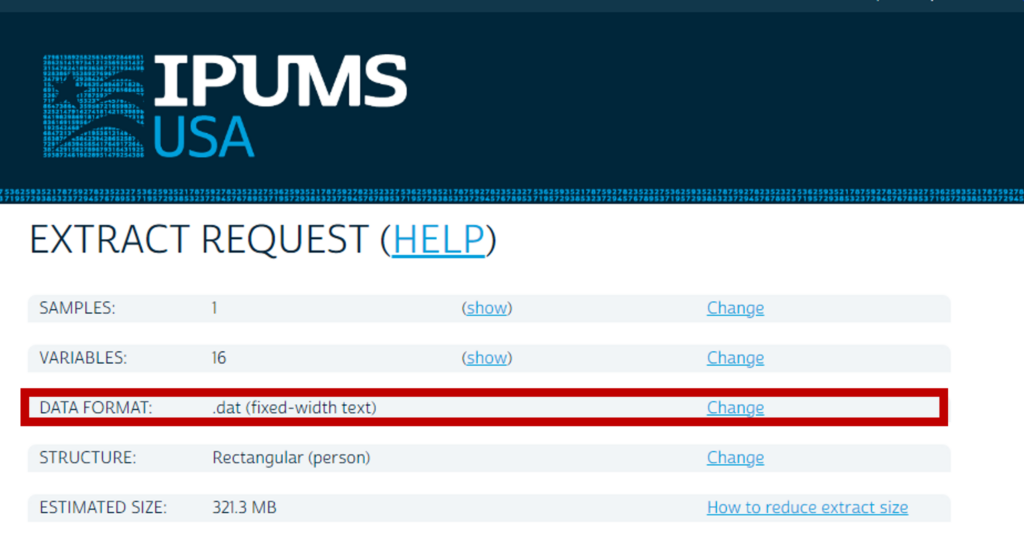 A screenshot of an IPUMS USA extract summary page with a red box around the row denoting the data format and a hyperlink to change that format.