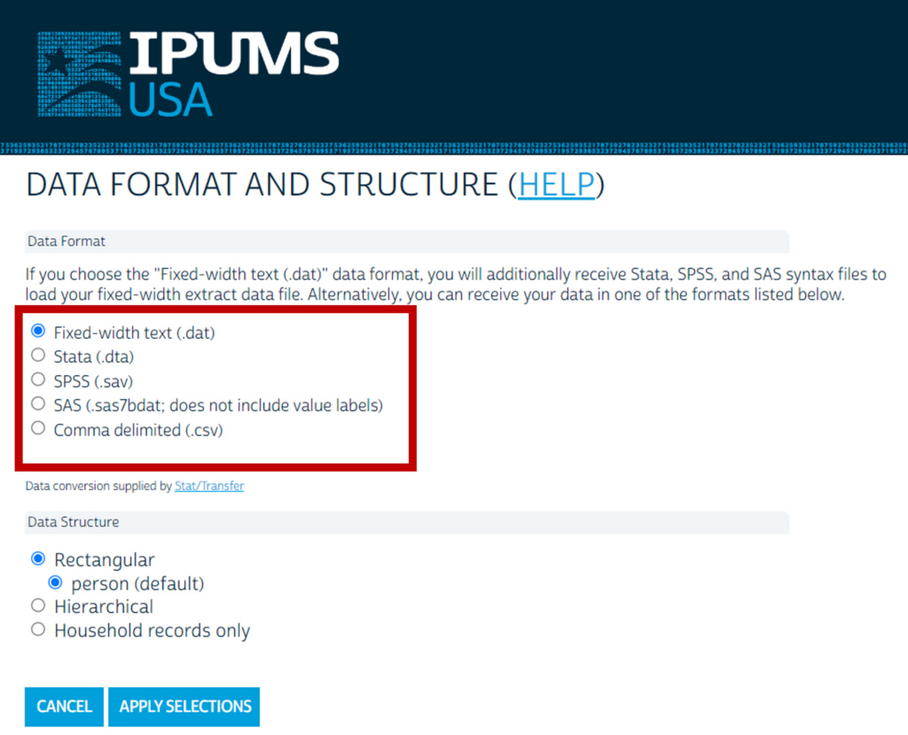 A screenshot of the IPUMS USA data format and structures page, with a red box around a list of formatting options. The listed options are Fixed-width text (.dat), Stata (.dta), SPSS (.sav), SAS (.sas7bdat; does not include value labels), and Comma delimited (.csv).