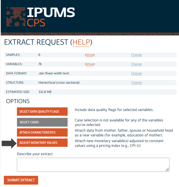 IPUMS CPS Extract Request Page showing basic details about data request and four options, including an orange button to "Adjust Monetary Values"