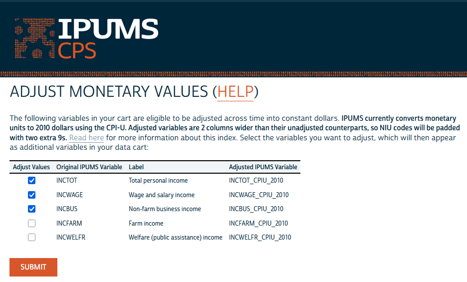 Adjust monetary values page of IPUMS CPS site with checkboxes selected for monetary variables INCTOT, INCWAGE, and INCBUS