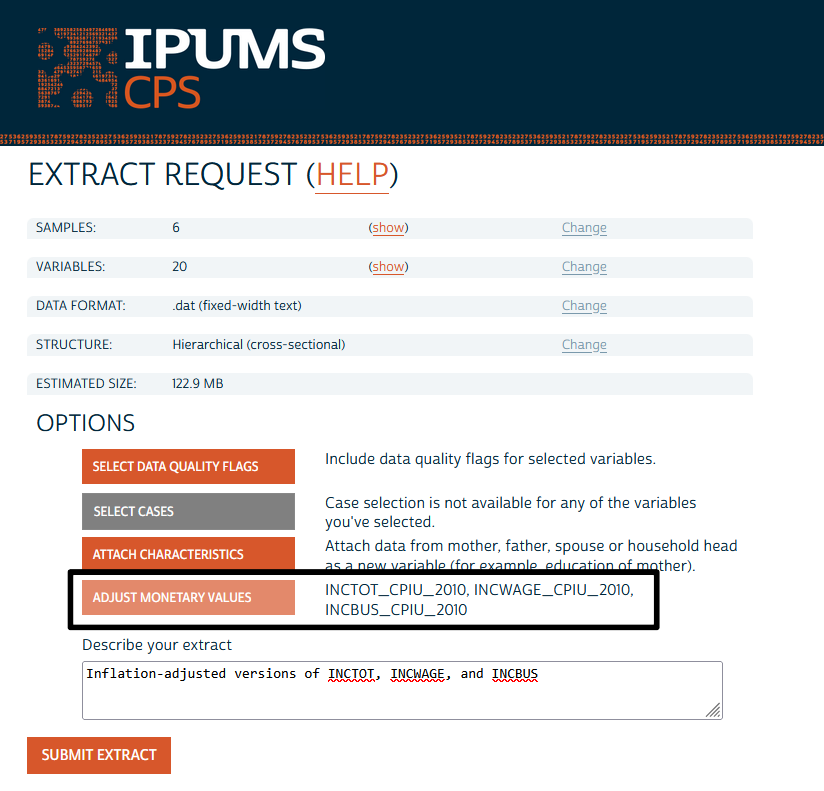 IPUMS CPS Extract request screen with a box surrounding the variable list next to the button for the "Adjust Monetary Values" option.