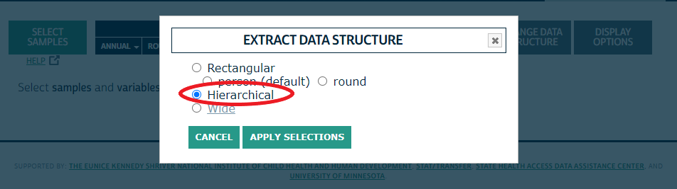 IPUMS MEPS Extract Data Structure selection wit "Hierarchical" circled with red