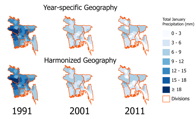 Maps of Bangladesh in 1991, 2001, and 2011 showing the total January Precipitation using year-specific geography and harmonized geography.