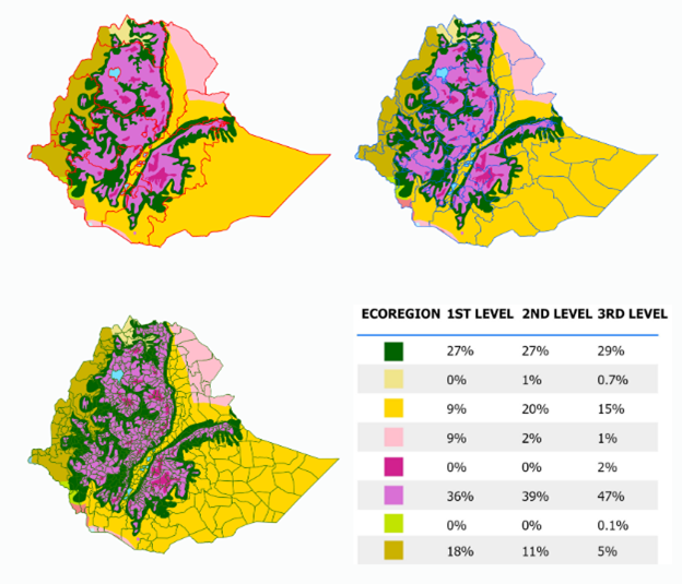 Maps of Ethiopia showing the dominant ecoregions at the 1st 2nd and 3rd level