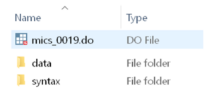 Screenshot of the downloaded folder containing the MICS State DO File and the data and syntax folders