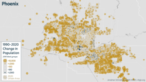 Map of Phoenix metropolitan area. The map includes goldenrod circles to indicate population growth and blue circles to indicate population loss. You can see variation in where the population grows or declines based on the size of the circles in all areas.