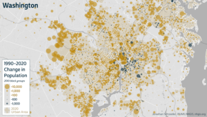 Map of Washington D.C. metropolitan area. The map includes goldenrod circles to indicate population growth and blue circles to indicate population loss. You can see variation in where the population grows or declines based on the size of the circles in all areas.