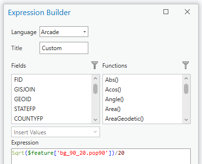 Expression builder window is open with "arcade" language selected and "$feature['bg_90_20.pop90']" in the Expression field