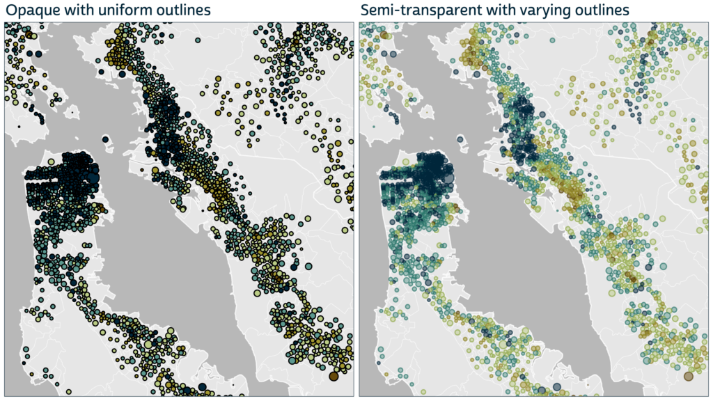 Side-by-side bivariate proportional symbol maps of the San Francisco Bay Area on the left the colors are opaque with uniform outlines and on the right the colors are semi-transparent with varying outlines.