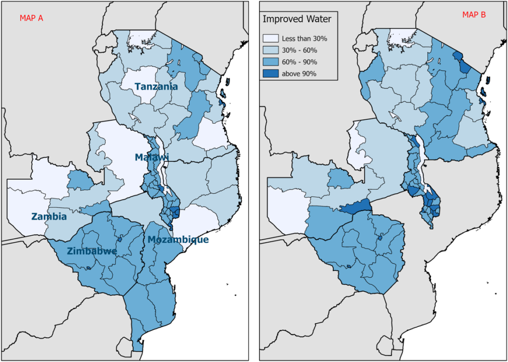 This figure uses spatially harmonized geographic identifiers to compare the same geospatial footprint between two time periods (Map A shows t1, Map B shows t2) for Malawi (2010, 2016), Tanzania (2010, 2015), Mozambique (2011 only), Zambia (2007, 2013) and Zambia (2010, 2015). Map B, which denotes time period 2, has more dark blue indicating a higher percent of households using improved sources of drinking water. 