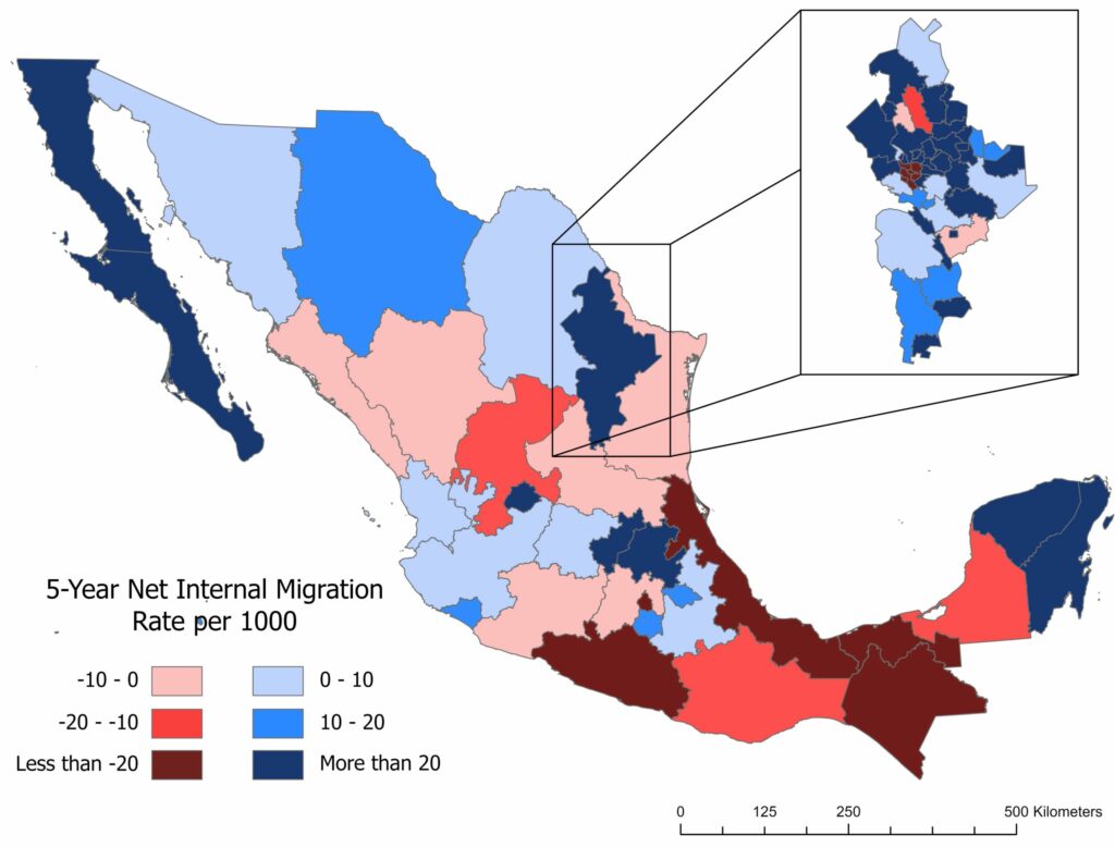 This is a map showing the 2020 census 5-year migration rates for GEO1 in Mexico, and GEO2 in Nuevo Leon state