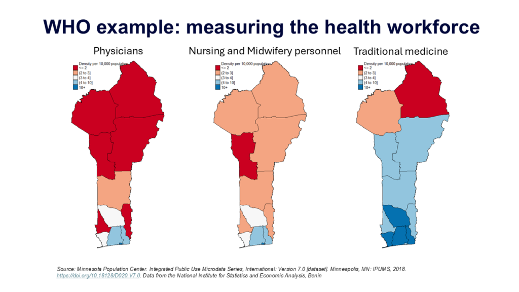 Three maps of Benin displaying the distribution of health worker classifications in Benin including physicians, nursing and midwifery personnel, and traditional medicine.