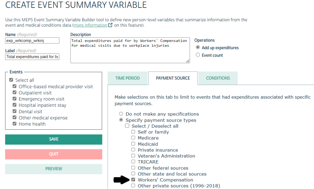 screenshot showing the payment source options and "workers' compensation" is selected with an arrow pointing to it