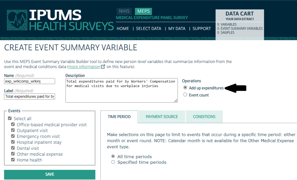 screenshot of the summary variable page with the name, label, and description filled in and "add up expenditures" selected with an arrow pointing to it