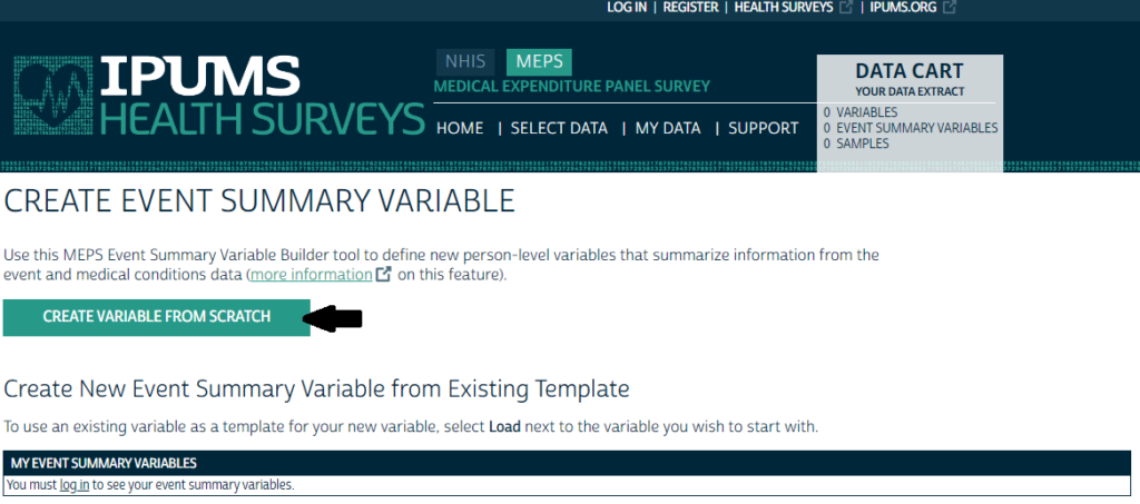 screenshot of the MEPS Variable Builder page with an arrow pointing to the "Create Variable from Scratch" button
