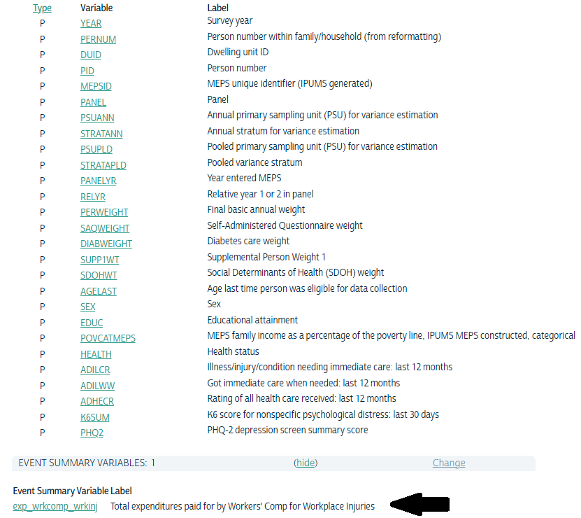 screenshot of an IPUMS cart with the event summary variable at the bottom with an arrow pointing to it