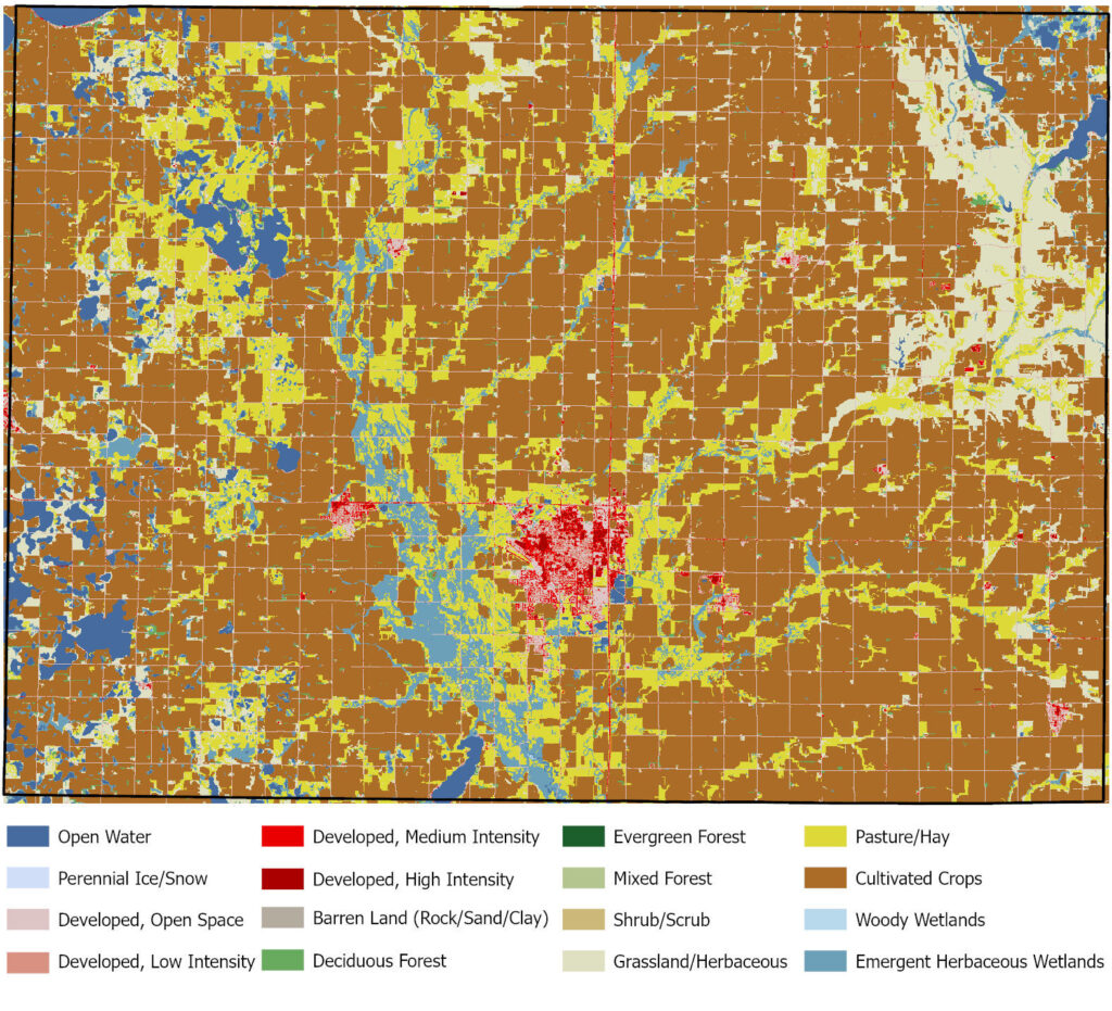 2019 NLCD data for Brookings County, South Dakota with the various types of land cover shown with different colors. The majority of land is shown to be cultivated crops.