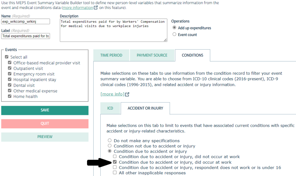screenshot showing the options under the "Conditions" tab and the "Accident or Injury" tab with "Condition due to accident or injury, did occur at work" selected with an arrow pointing to it