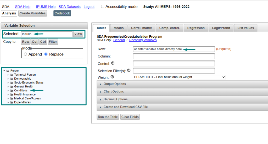 Screenshot of SDA home page for the data collection All MEPS: 1996-2022 highlighting three methods of variable discovery. With arrows pointing to the view variable metadata in the selected text box, the variable group menu, or entering the variable name directly in the Row box.