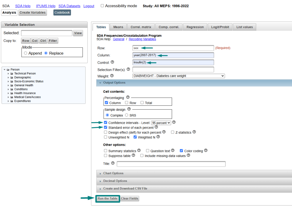 Screenshot of SDA home page with Output Options menu open. Arrows pointing to Row: Sex, Column: year(2007-2017), and Control: insulin(2). Under the Output Options arrows point to selecting "Confidence intervals - Level: 95 percent and Standard error of each percent. Arrow and highlight box around "Run the Table"