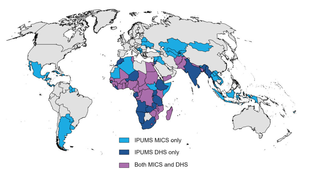 World map with the countries included in IPUMS MICS and IPUMS DHS shaded in