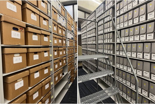 Shelves filled with many boxes and accordion folders