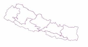Map of Nepal with different sub-national boundaries. Shows the provincial boundaries used in the 2019 MICS data.