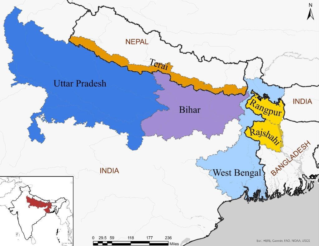 A map of the border and surrounding regions of Nepal, Bangladesh, and India that highlights the sub-national regions included in the study.