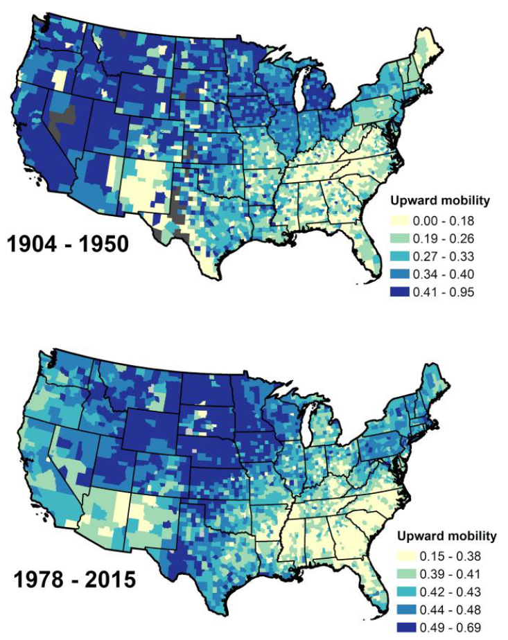 Choropleth maps of continental US. Blue counties denote more upward mobility; yellow denotes lower mobility.
