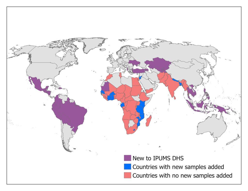 World map with countries that are new to IPUMS DHS, have new samples in IPUMS DHS, or have no new samples in IPUMS DHS filled in