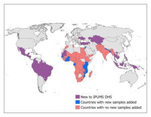 World map with countries that are new to IPUMS DHS, have new samples in IPUMS DHS, or have no new samples in IPUMS DHS filled in