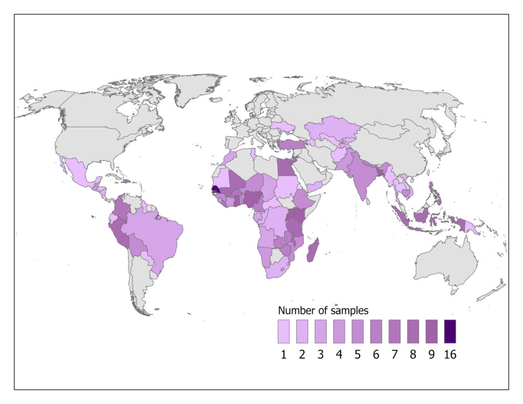World map with countries that have samples in IPUMS DHS shaded in a shade of purple with higher number of samples being darker