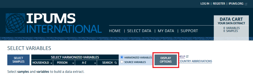 Screenshot of the Select Variables page on the IPUMS International website, with a red box drawn around the Display Options button.