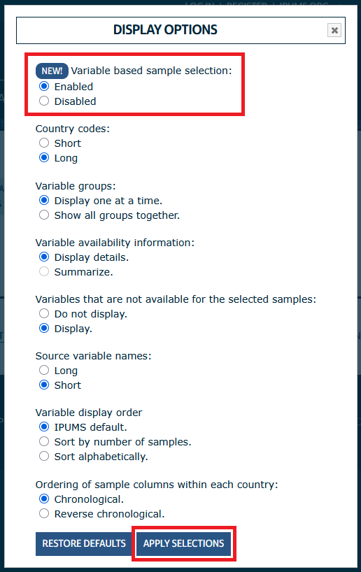 Screenshot of the Display Options popup menu, with a red box drawn around the Variable based sample selection option with the radio button for Enabled selected, and another red box drawn around the Apply Selections button at the bottom of the popup.