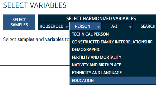 Screenshot of the variable selection drop-down menu on the Select Variables page of the IPUMS International website, with the Education row in the Person variables drop-down list selected.