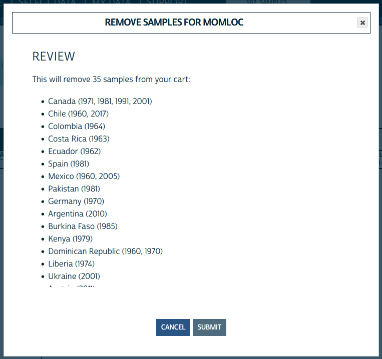 Screenshot of a popup window asking the user to confirm that they want to remove samples that don't include the variable MOMLOC. The window reports that this action will 35 samples from the user's cart, and includes a bulleted list of samples organized by country -- for example, "Canada (1971, 1981, 1991, 2001)" -- and buttons labeled "Cancel" and "Submit" at the bottom.