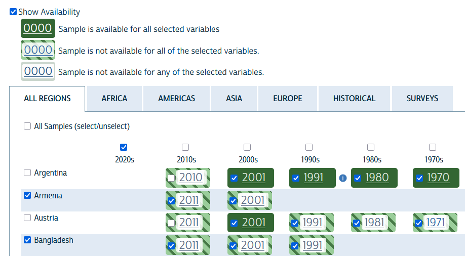 Screenshot of the top of the sample selection table on the Select Samples page, with the checkbox labeled "Show availability" checked in the top left corner. Below the checkbox is a legend for the color coded rectangles that indicate whether a sample is available for all selected variables (sample year appears in dark green rectangle with white text), available for only some of the selected variables (dark and light green diagonally-striped rectangle with dark text), or not available for any of the selected variables (white rectangle with dark text). The tab for All Regions is selected, and shows that Argentina includes all selected variables in the 1970, 1980, 1991, and 2001 samples, but only some selected variables in the 2010 sample, whereas out of all the Armenia, Austria, and Bangladesh samples, only the Austria 2001 sample includes all selected variables, and all other samples include only some of the selected variables.